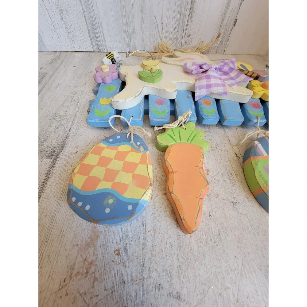 Easter bunny hop spring wooden egg wall hanging home decor flower rabbit